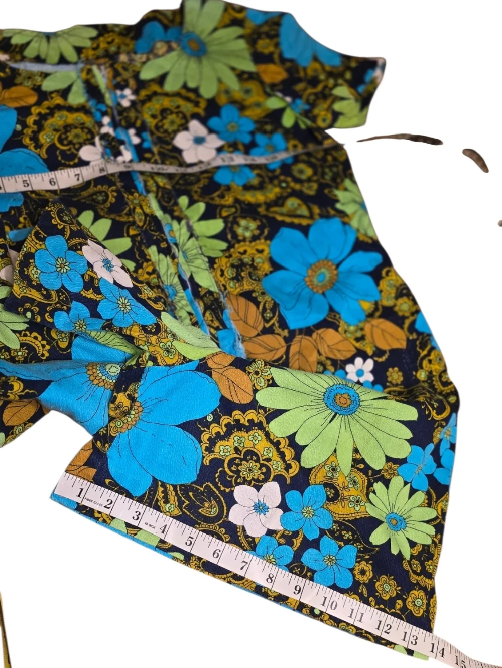 Vintage 70s Floral Romper Psych Mod Hippie Daisy Print Mini Jumpsuit Blue Green - Picture 11 of 15